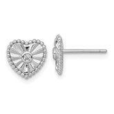 Sterling Silver Rhodium-plated Polished Beaded and Textured CZ Heart Post Earrings